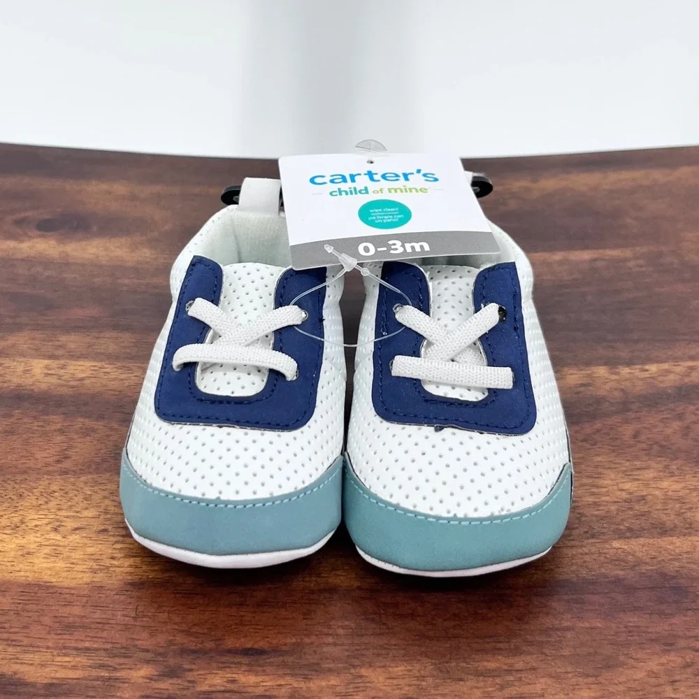 Baby Crib Shoes 0-3M White Navy Sneakers Sporty Carter's Child of Mine NEW